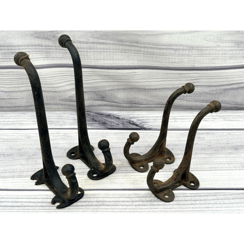 LOT OF 4 ANTIQUE CAST IRON HOOKS - 5.5" AND 8" - COAT / HALL TREE HOOKS